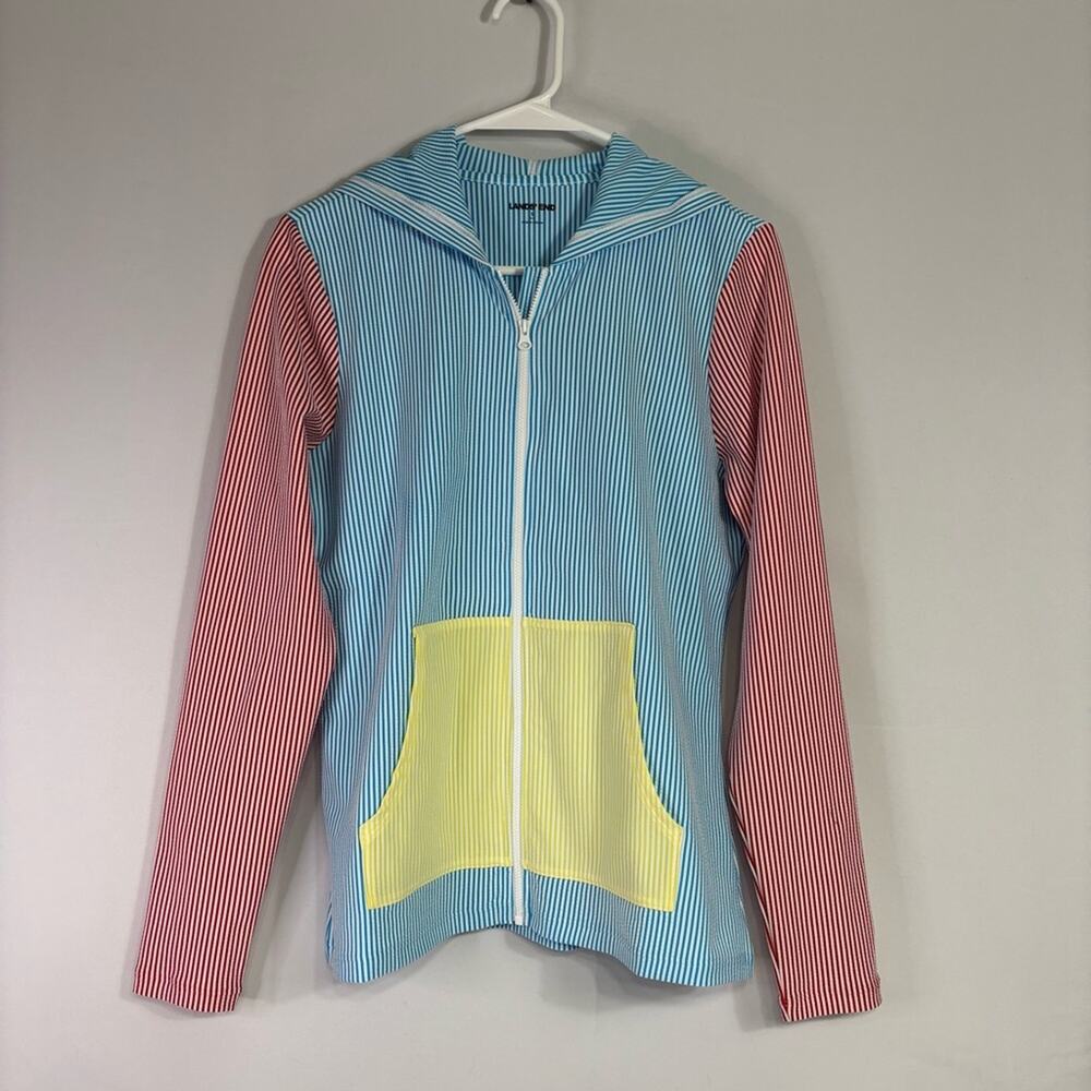 NWT Lands' End Blue, Red, Yellow Striped Light Weight Zip Up Jacket Small SS0868